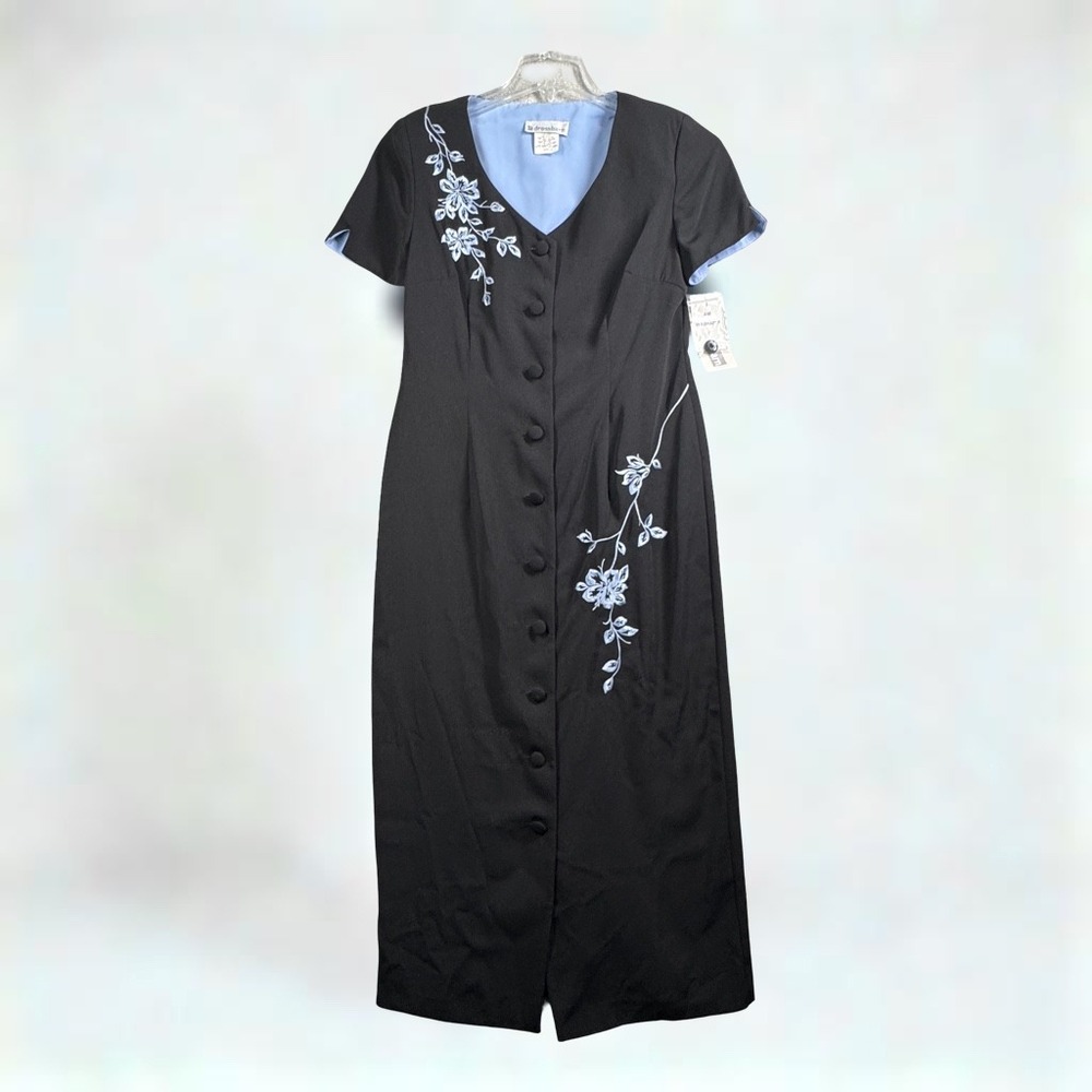 Dressbarn Dress Black Blue Floral Embroidered Button Front Midi Cottage Womens 8